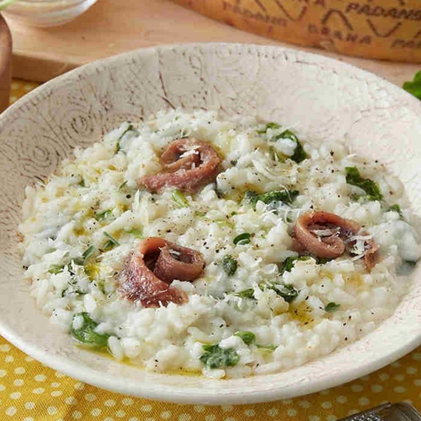 Risotto de lechuga con anchoas y queso Grana Padano Riserva